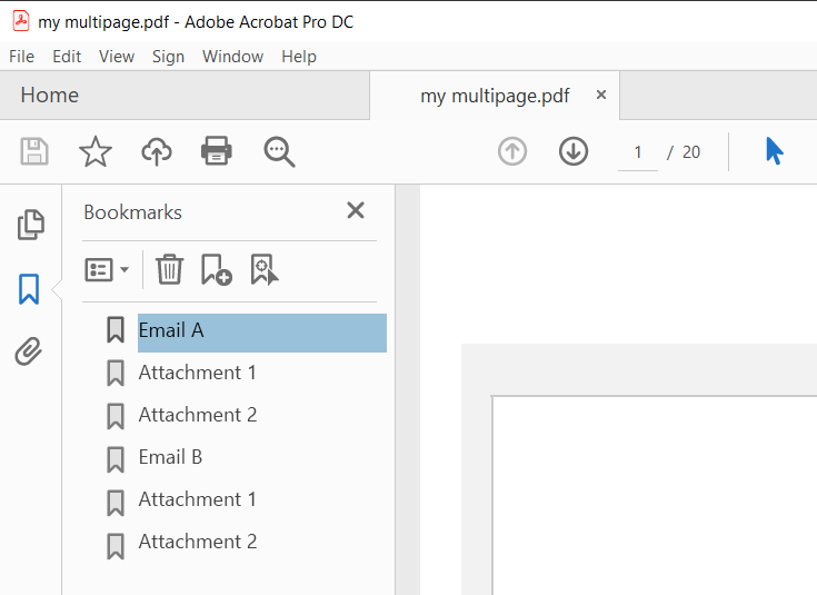 Output PDF with emails and attachments and bookmarks