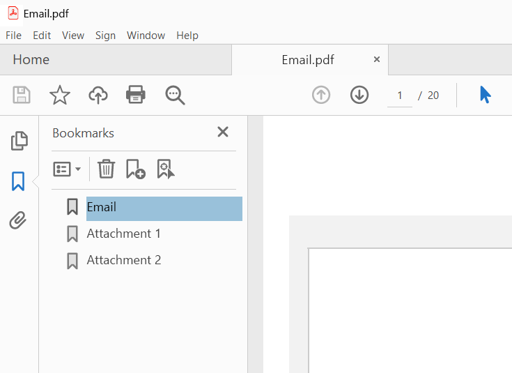 Save email as PDF with bookmarks section